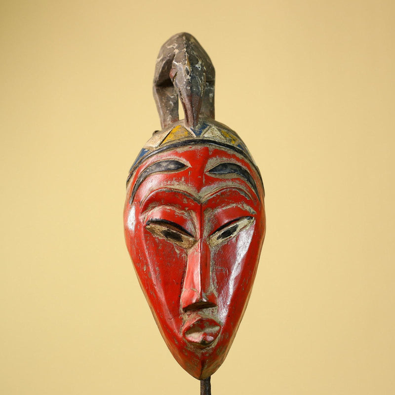 African Baule Mask Carved Wood Red Painted Tribal Art Côte d’Ivoire Vintage-G5956