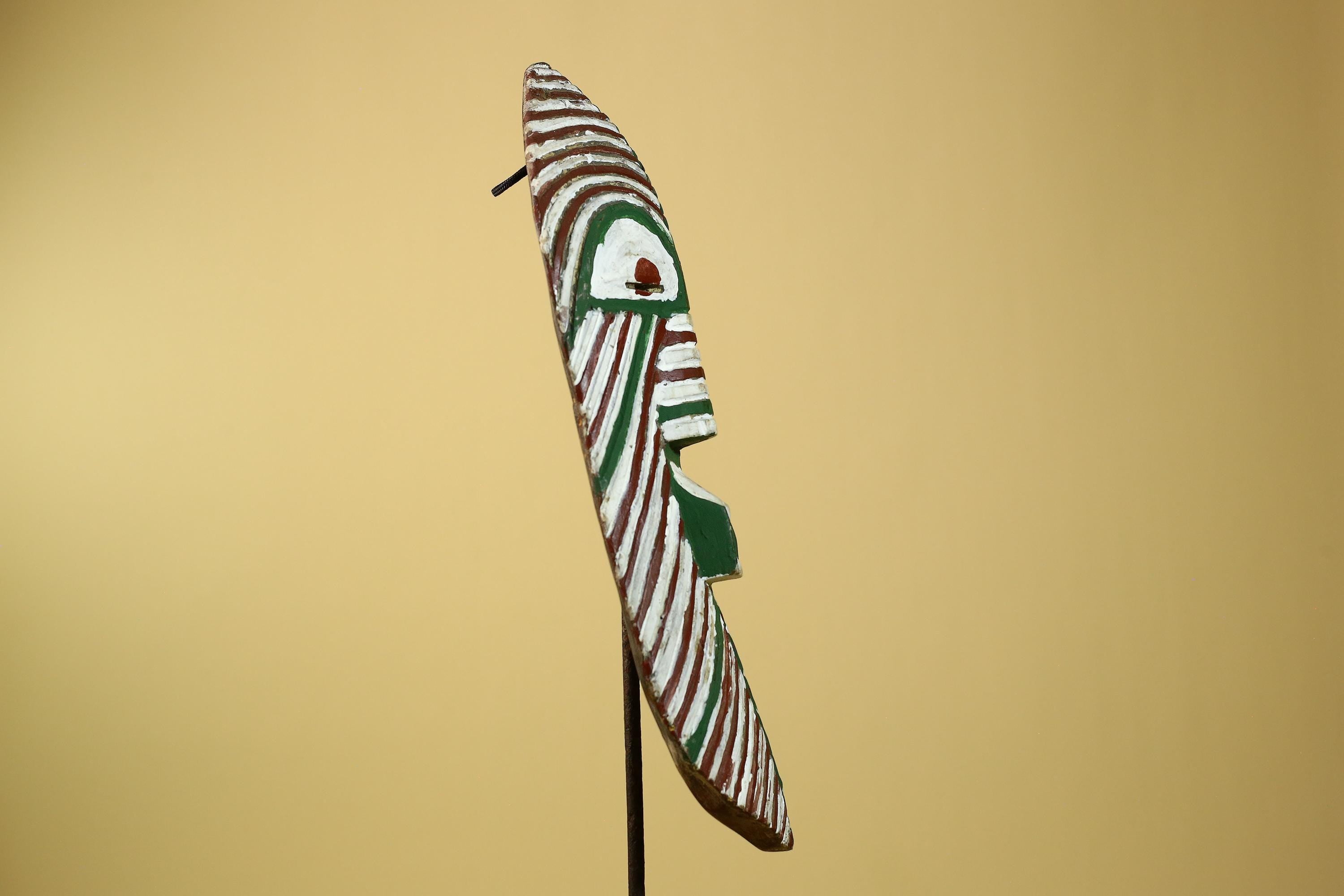 African Tribal Mask Carved Wood White Green Brown Stripe Pattern West Africa Art-G5962