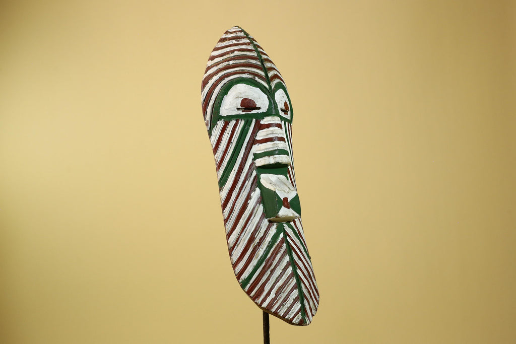 African Tribal Mask Carved Wood White Green Brown Stripe Pattern West Africa Art-G5962