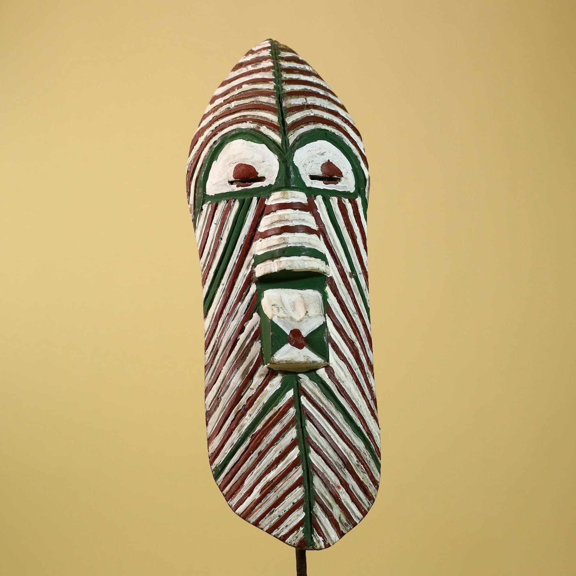 African Tribal Mask Carved Wood White Green Brown Stripe Pattern West Africa Art-G5962