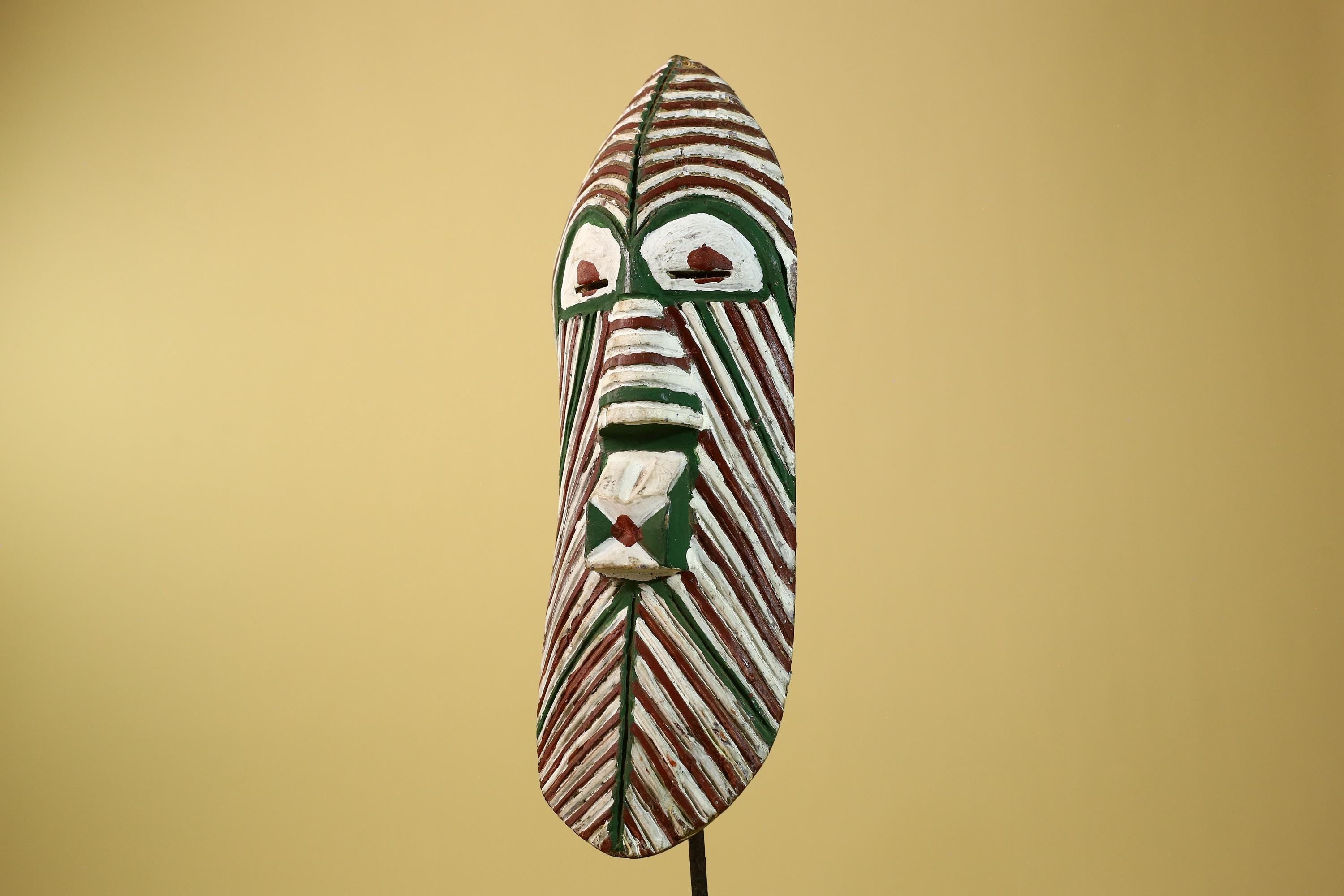 African Tribal Mask Carved Wood White Green Brown Stripe Pattern West Africa Art-G5962