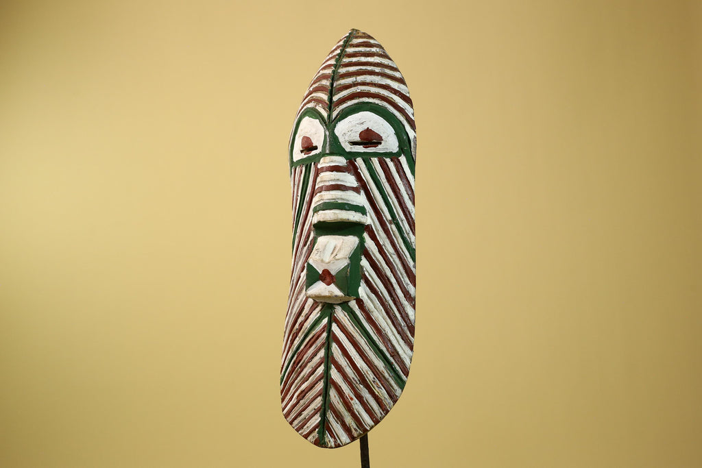 African Tribal Mask Carved Wood White Green Brown Stripe Pattern West Africa Art-G5962