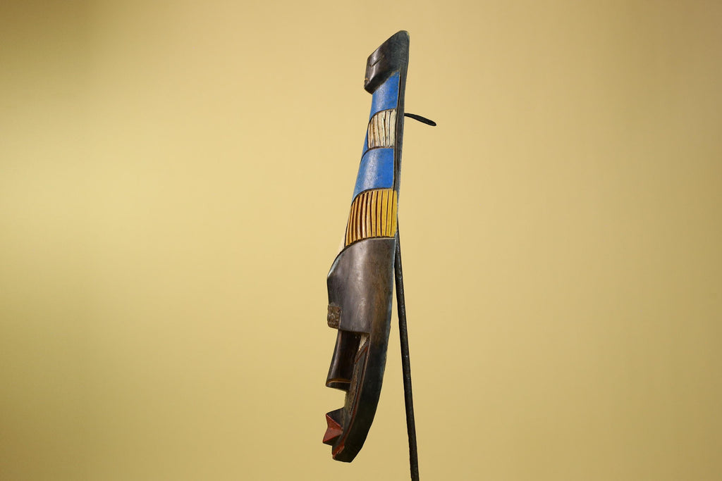 African Tribal Mask Carved Wood Blue Yellow Panels West Africa Art Decor-G5963