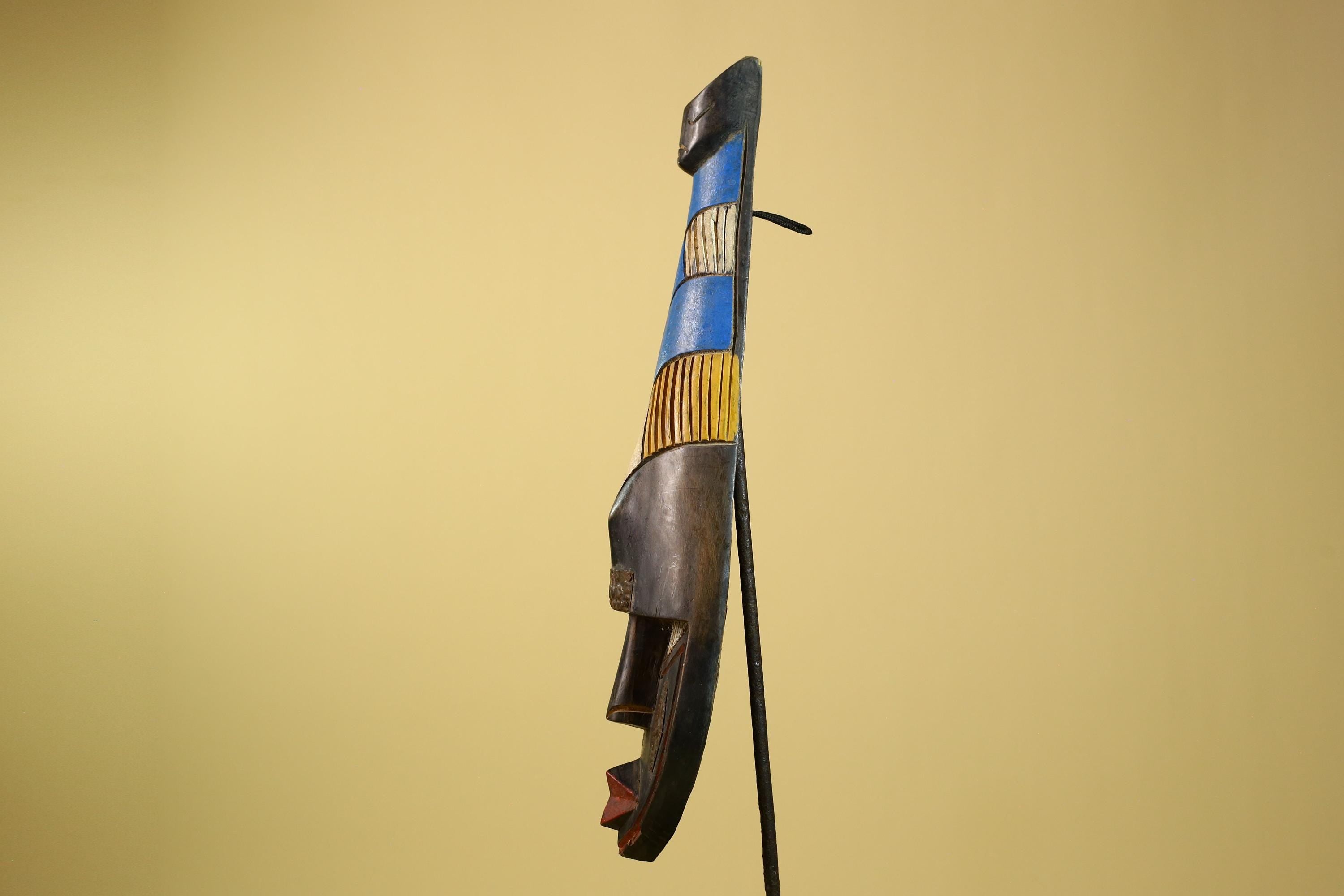 African Tribal Mask Carved Wood Blue Yellow Panels West Africa Art Decor-G5963