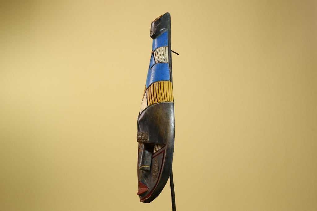 African Tribal Mask Carved Wood Blue Yellow Panels West Africa Art Decor-G5963