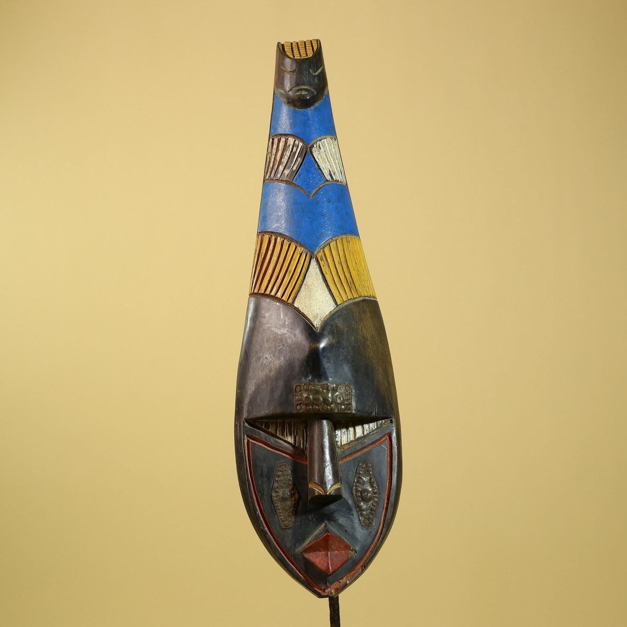African Tribal Mask Carved Wood Blue Yellow Panels West Africa Art Decor-G5963