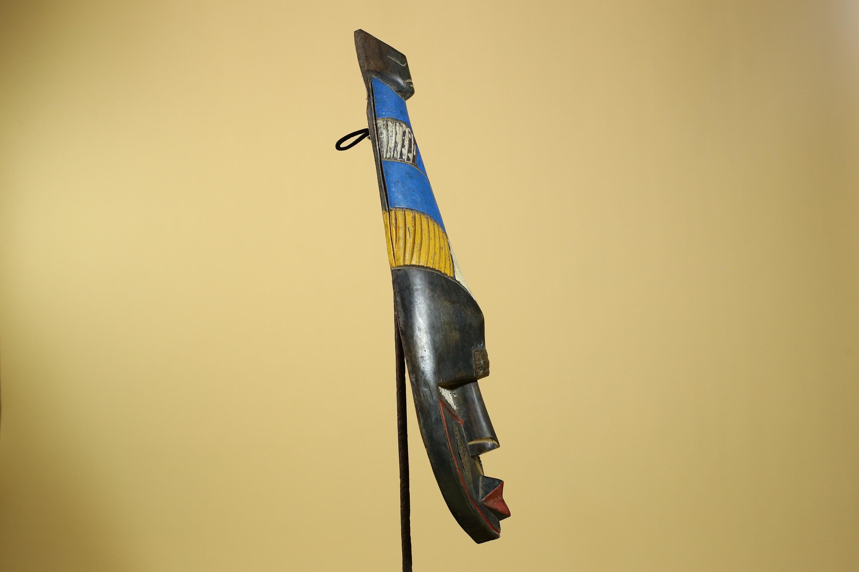 African Tribal Mask Carved Wood Blue Yellow Panels West Africa Art Decor-G5963