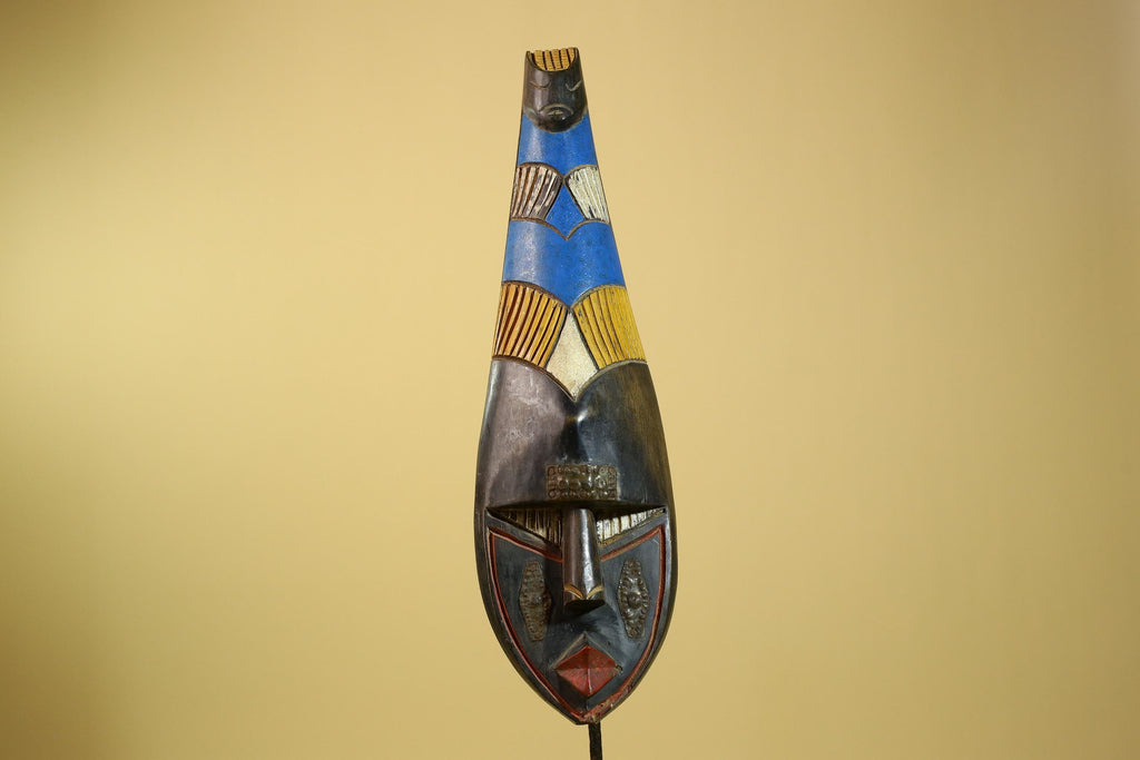 African Tribal Mask Carved Wood Blue Yellow Panels West Africa Art Decor-G5963