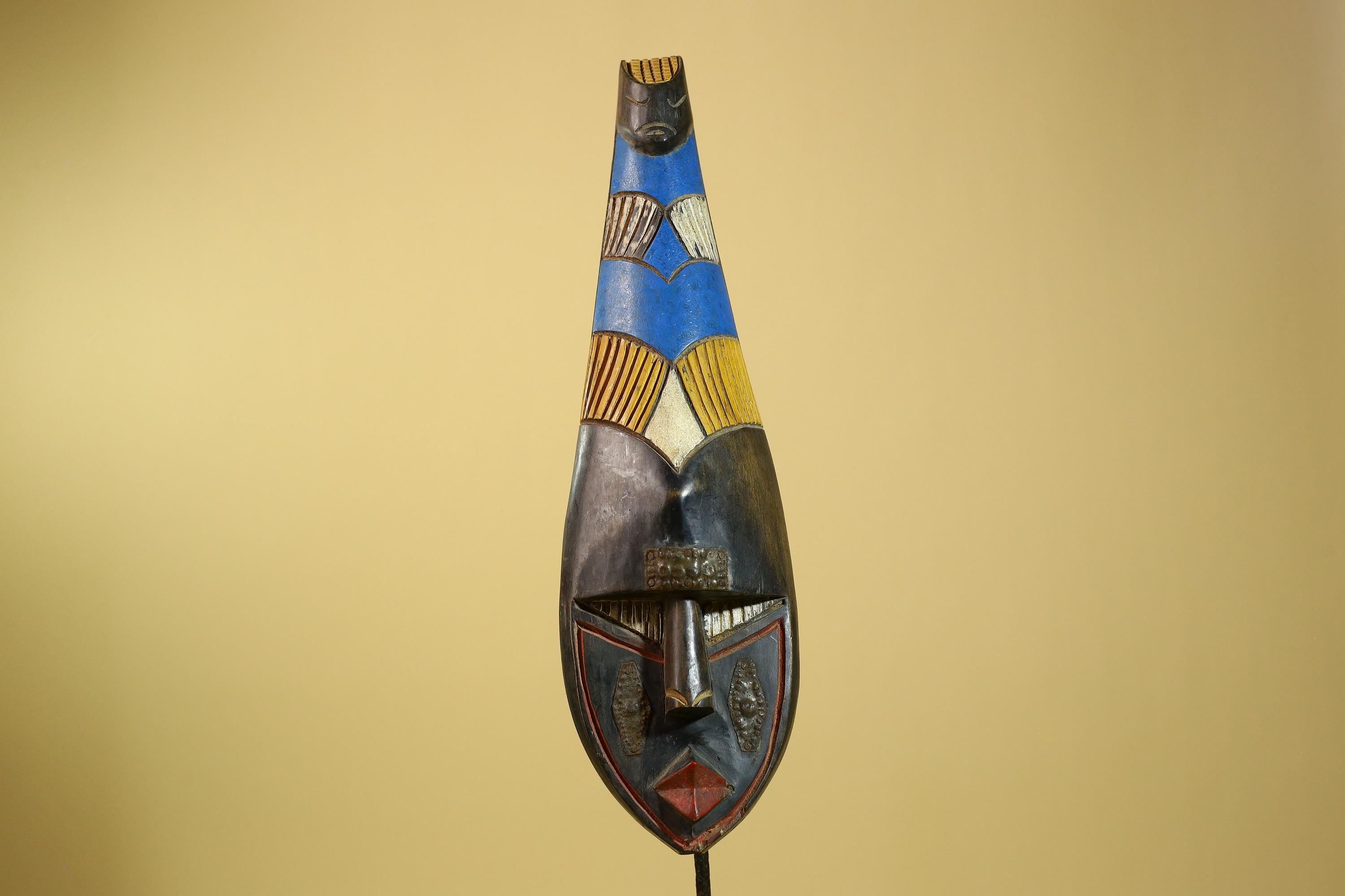 African Tribal Mask Carved Wood Blue Yellow Panels West Africa Art Decor-G5963