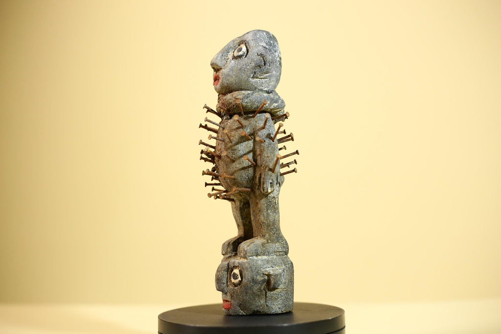 African Kongo Nail Fetish Statue Carved Wood Nkisi Nkondi Congo Ritual Figure-G5889