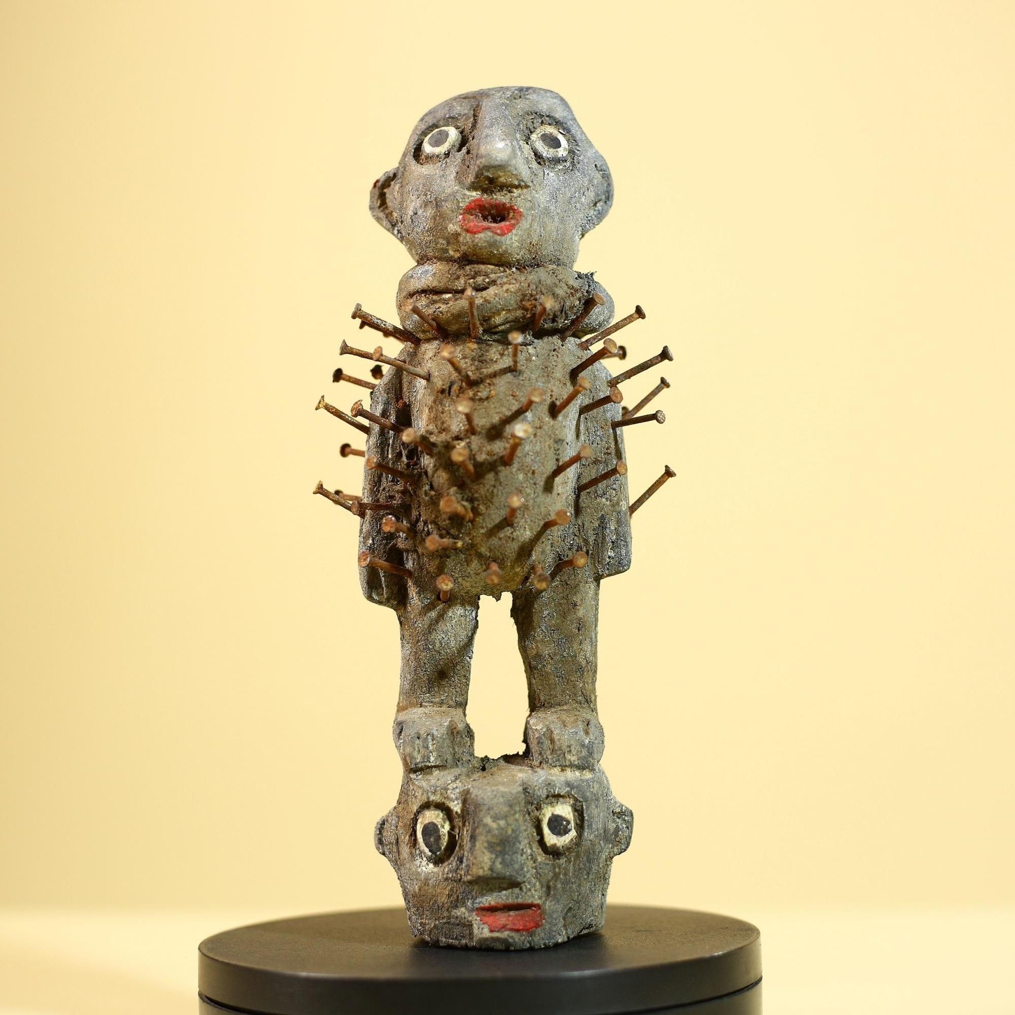 African Kongo Nail Fetish Statue Carved Wood Nkisi Nkondi Congo Ritual Figure-G5889