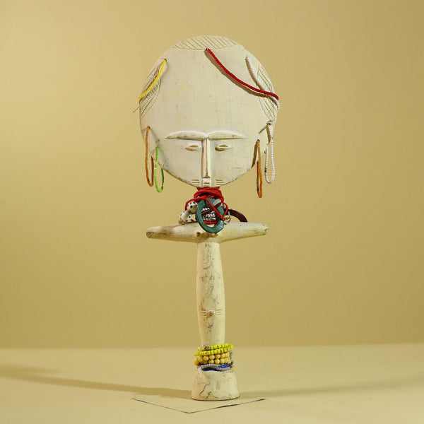 African White Akuaba Statue Carved Wood Beaded Ghana Tribal Fertility Art-G5973