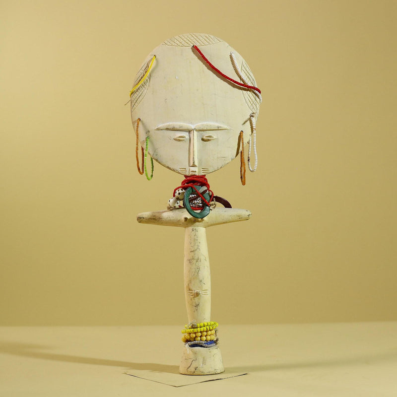 African White Akuaba Statue Carved Wood Beaded Ghana Tribal Fertility Art-G5973