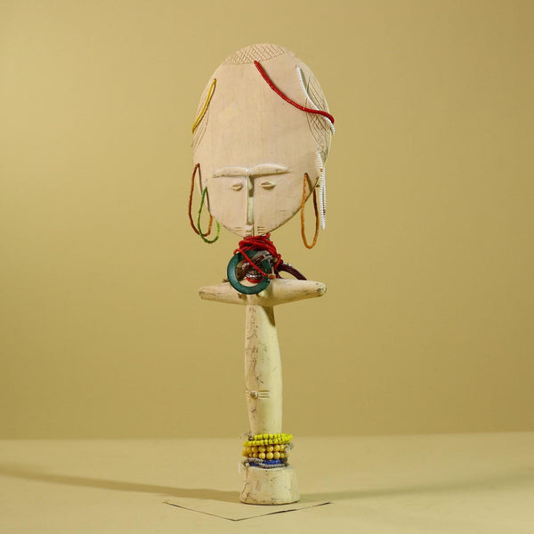 African White Akuaba Statue Carved Wood Beaded Ghana Tribal Fertility Art-G5973