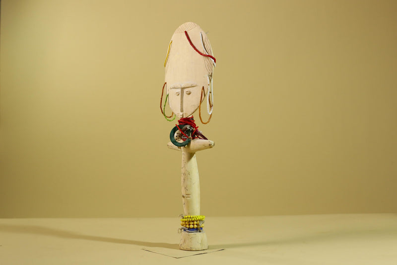 African White Akuaba Statue Carved Wood Beaded Ghana Tribal Fertility Art-G5973