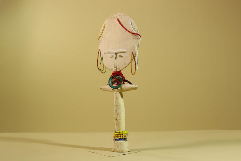 African White Akuaba Statue Carved Wood Beaded Ghana Tribal Fertility Art-G5973