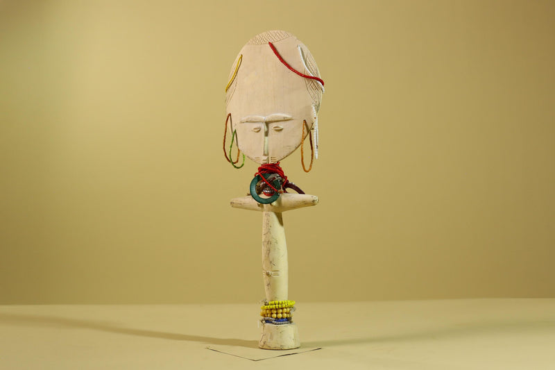 African White Akuaba Statue Carved Wood Beaded Ghana Tribal Fertility Art-G5973