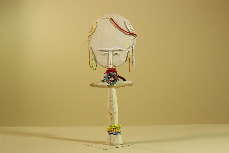 African White Akuaba Statue Carved Wood Beaded Ghana Tribal Fertility Art-G5973