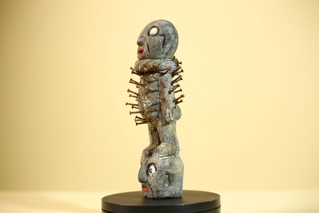 African Nail Statue Carved Wood Ritual Figure on Double Head Congo Art Decor-G5890