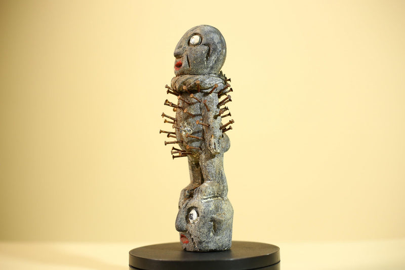 African Nail Statue Carved Wood Ritual Figure on Double Head Congo Art Decor-G5890
