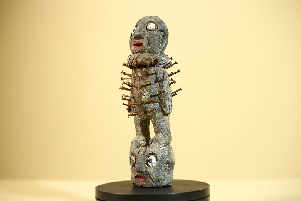 African Nail Statue Carved Wood Ritual Figure on Double Head Congo Art Decor-G5890