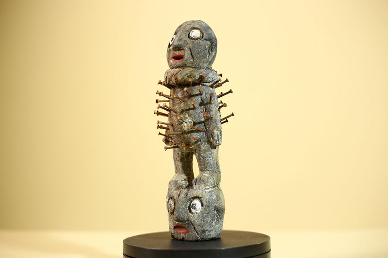 African Nail Statue Carved Wood Ritual Figure on Double Head Congo Art Decor-G5890