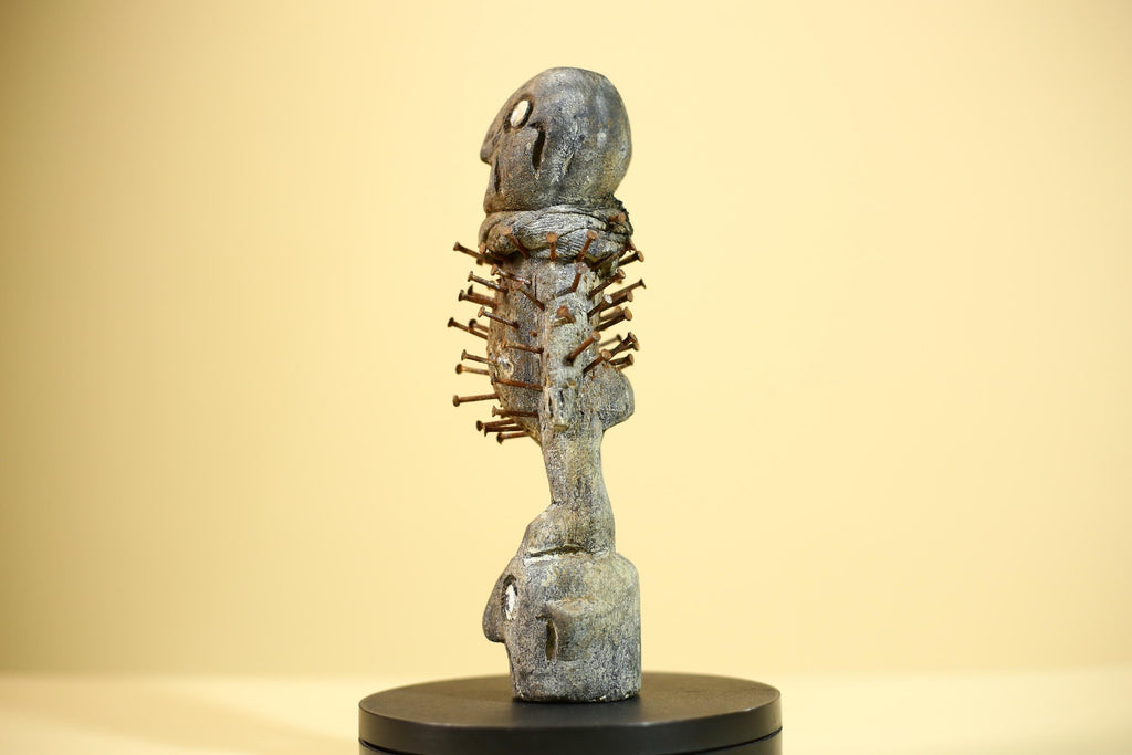 African Nail Statue Carved Wood Ritual Figure on Double Head Congo Art Decor-G5890