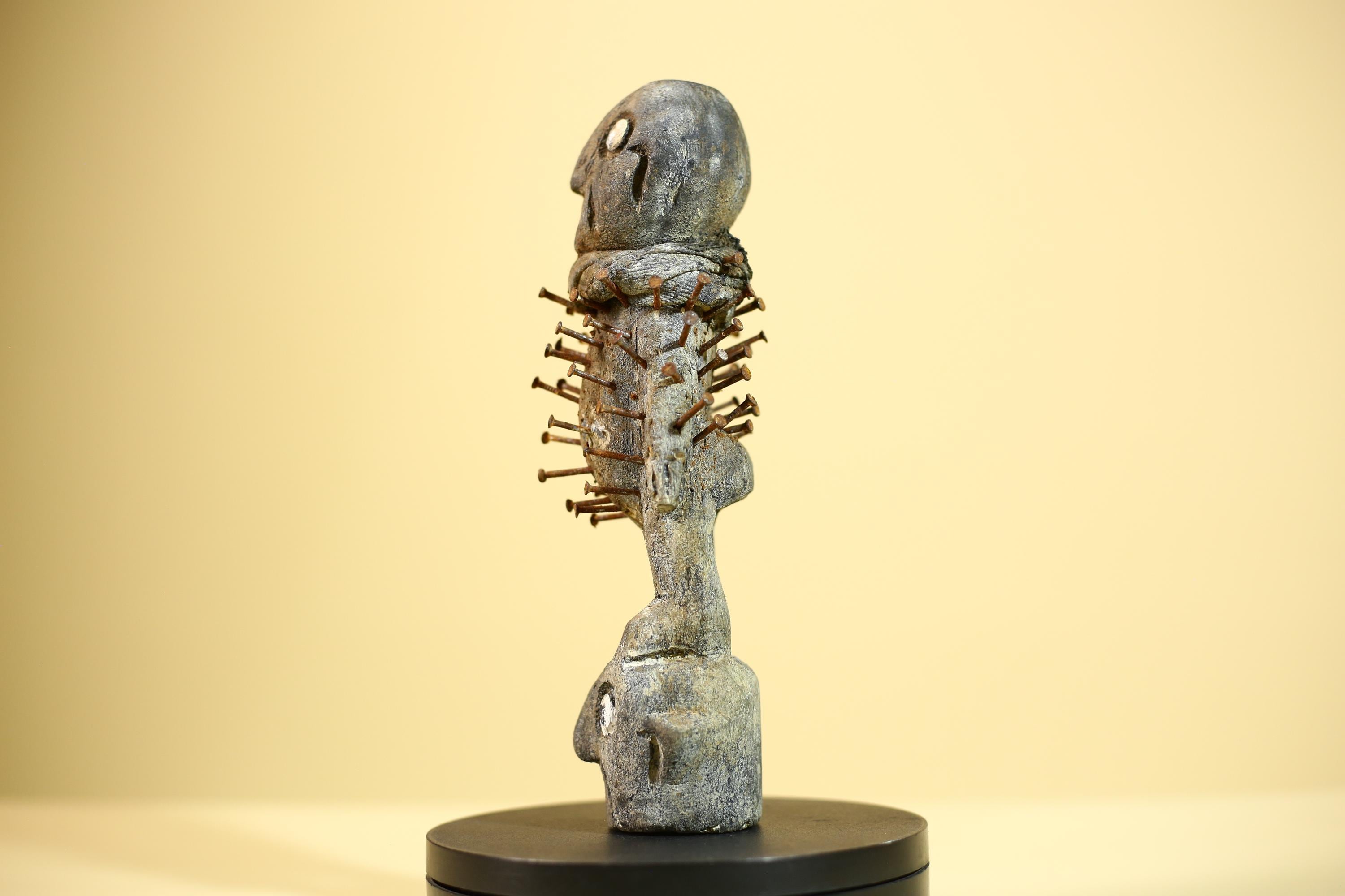 African Nail Statue Carved Wood Ritual Figure on Double Head Congo Art Decor-G5890