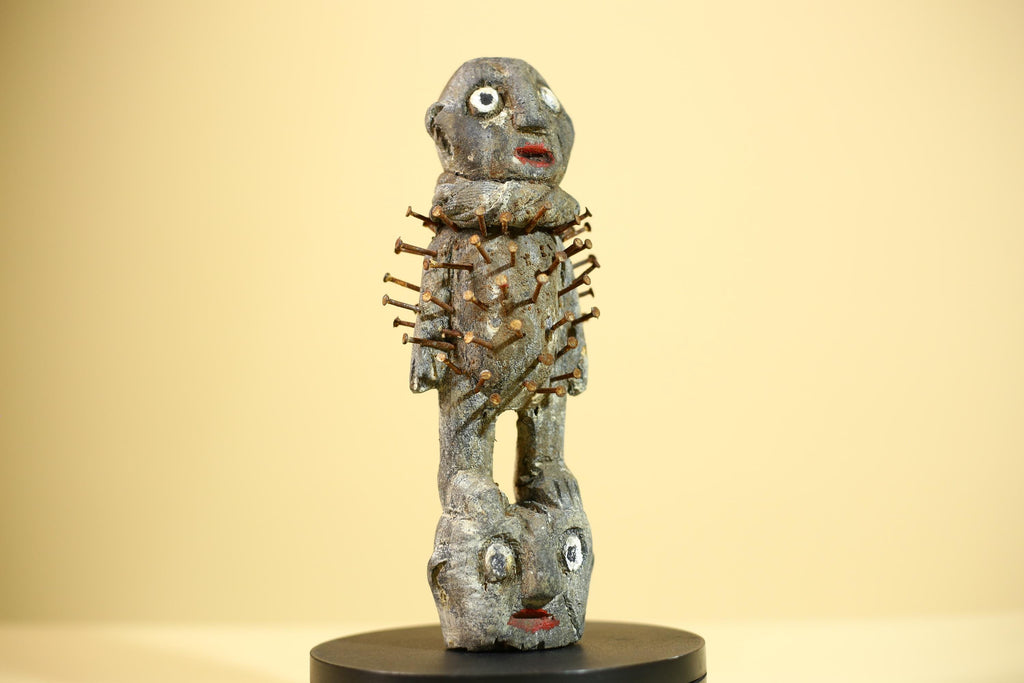African Nail Statue Carved Wood Ritual Figure on Double Head Congo Art Decor-G5890