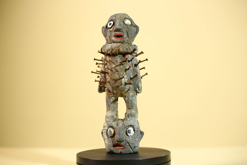 African Nail Statue Carved Wood Ritual Figure on Double Head Congo Art Decor-G5890