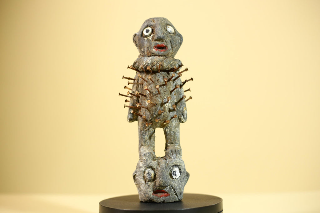 African Nail Statue Carved Wood Ritual Figure on Double Head Congo Art Decor-G5890