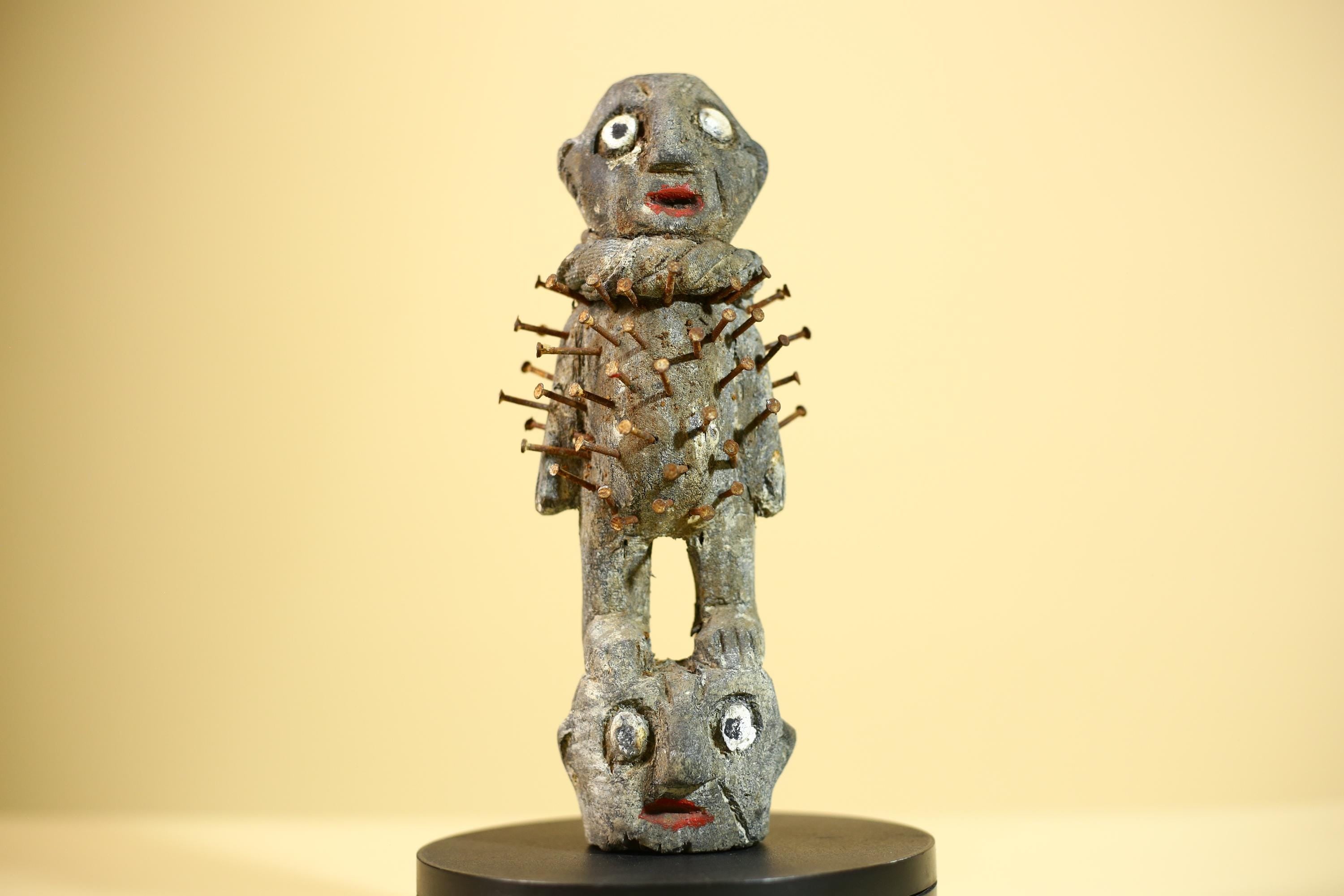 African Nail Statue Carved Wood Ritual Figure on Double Head Congo Art Decor-G5890