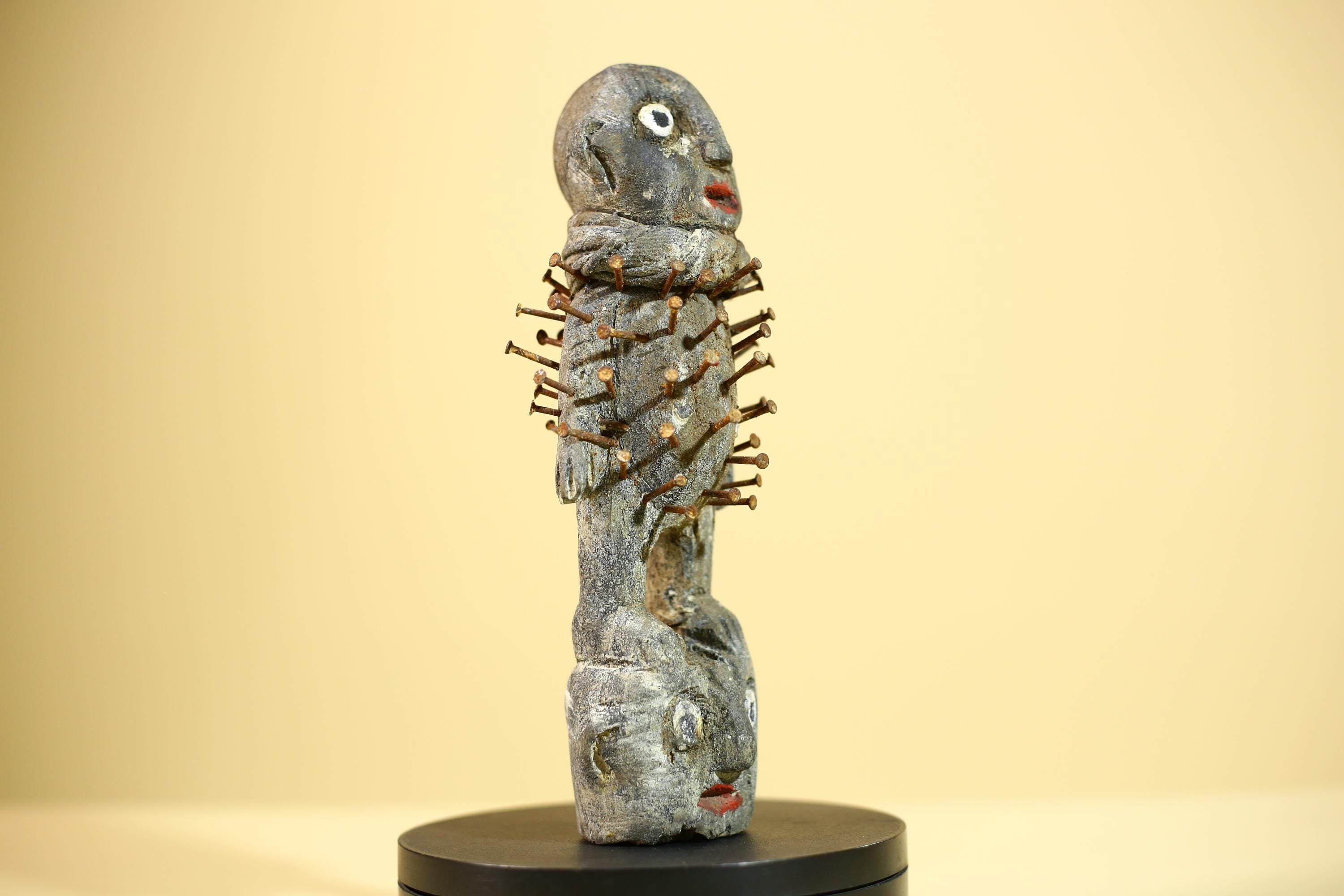 African Nail Statue Carved Wood Ritual Figure on Double Head Congo Art Decor-G5890