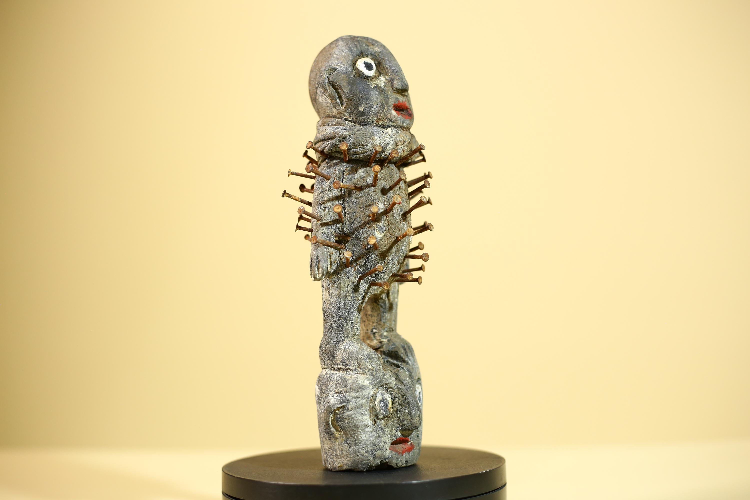 African Nail Statue Carved Wood Ritual Figure on Double Head Congo Art Decor-G5890