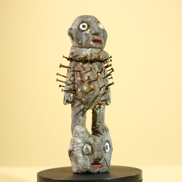 African Nail Statue Carved Wood Ritual Figure on Double Head Congo Art Decor-G5890