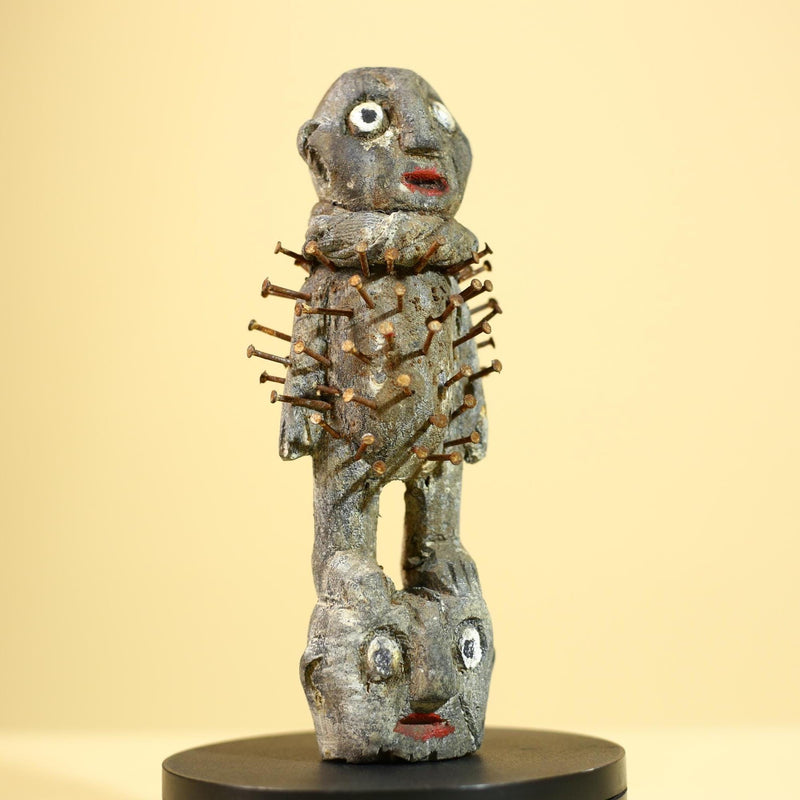 African Nail Statue Carved Wood Ritual Figure on Double Head Congo Art Decor-G5890