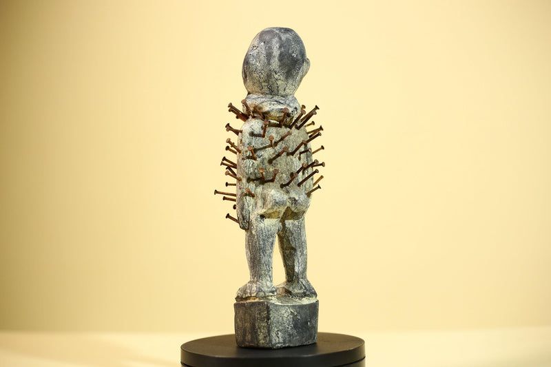 African Kongo Nail Fetish Statue Carved Wood Nkisi Nkondi Congo Ritual Figure-G5891