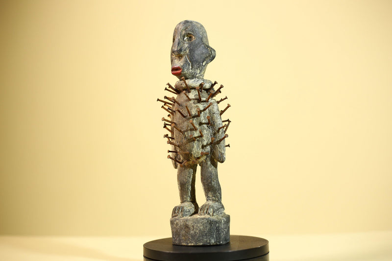 African Nkisi Nail Figure Statue Carved Wood Iron Spikes Congo Ritual Art-G5893