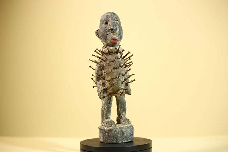 African Nkisi Nail Figure Statue Carved Wood Iron Spikes Congo Ritual Art-G5893