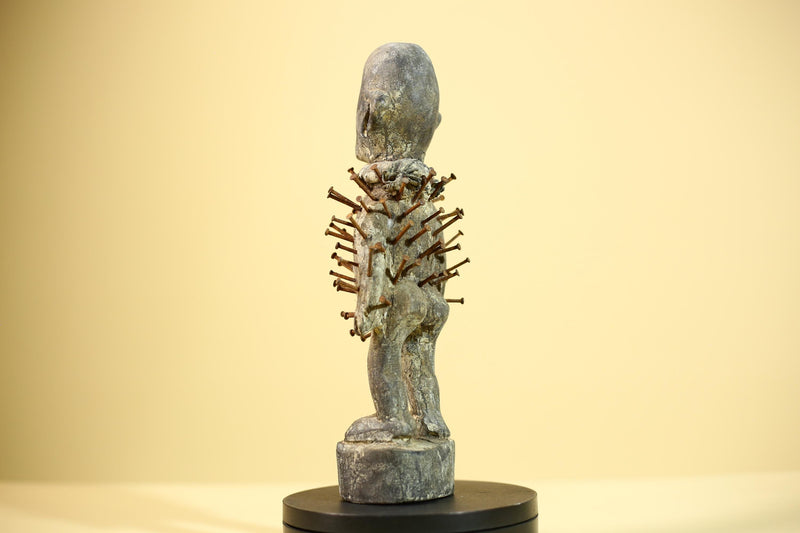 African Nkisi Nail Figure Statue Carved Wood Iron Spikes Congo Ritual Art-G5893