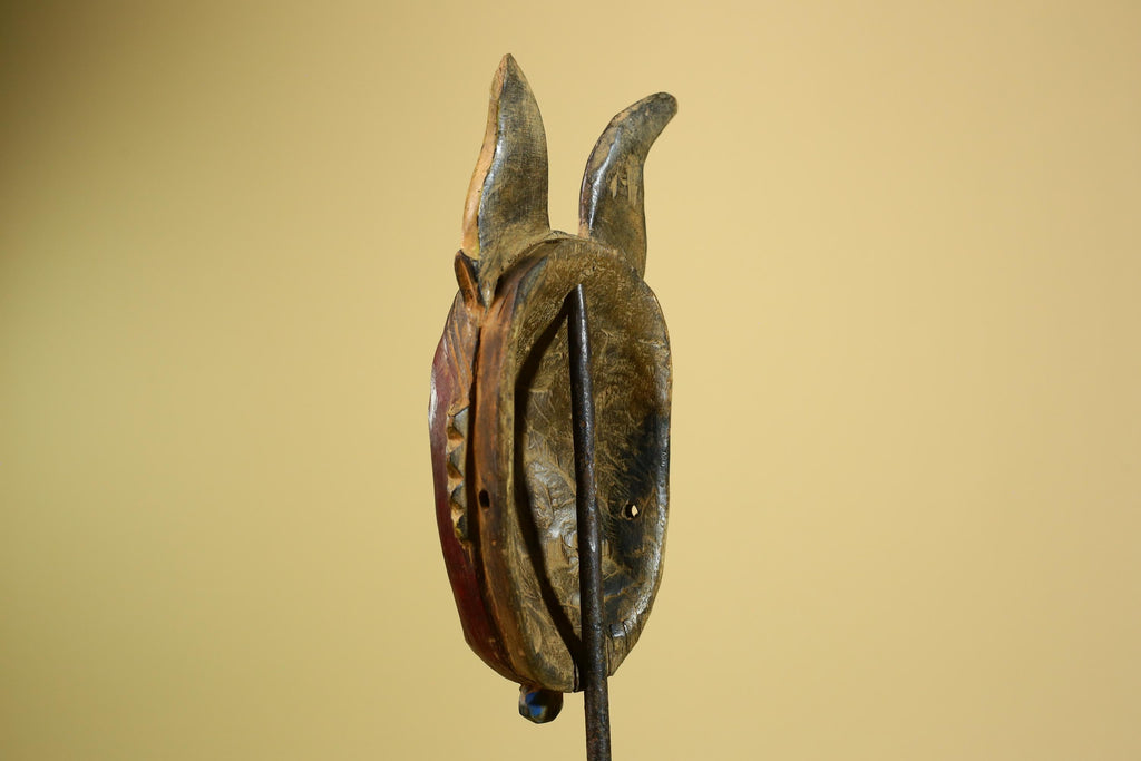 African Baule Mask Carved Wood Red Face Horns Côte d’Ivoire Tribal  Decor-G5976