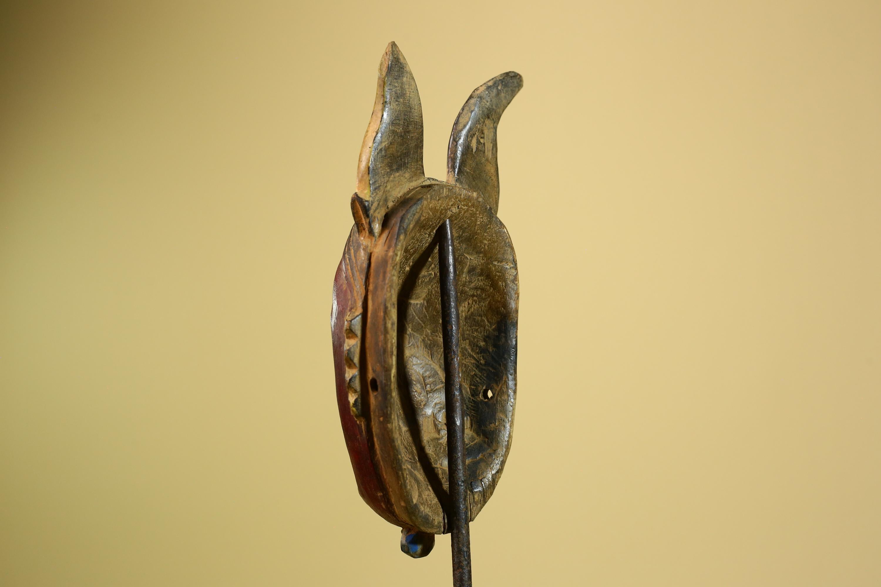 African Baule Mask Carved Wood Red Face Horns Côte d’Ivoire Tribal  Decor-G5976