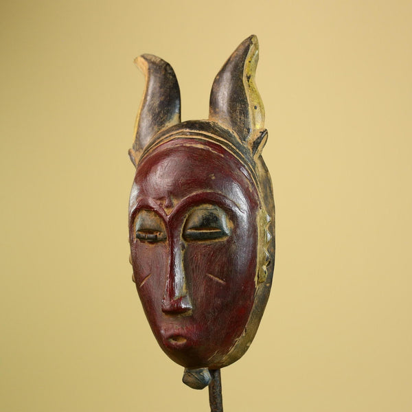 African Baule Mask Carved Wood Red Face Horns Côte d’Ivoire Tribal  Decor-G5976