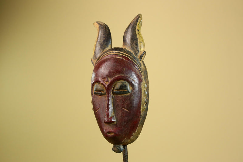 African Baule Mask Carved Wood Red Face Horns Côte d’Ivoire Tribal  Decor-G5976