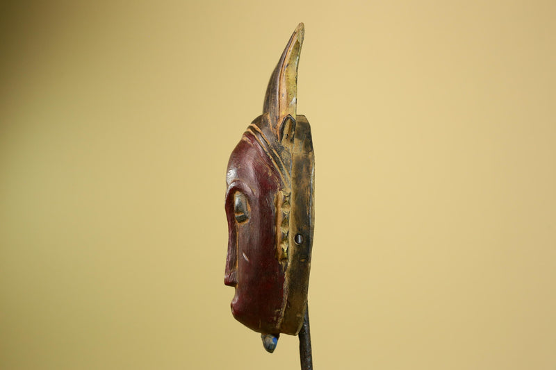 African Baule Mask Carved Wood Red Face Horns Côte d’Ivoire Tribal  Decor-G5976
