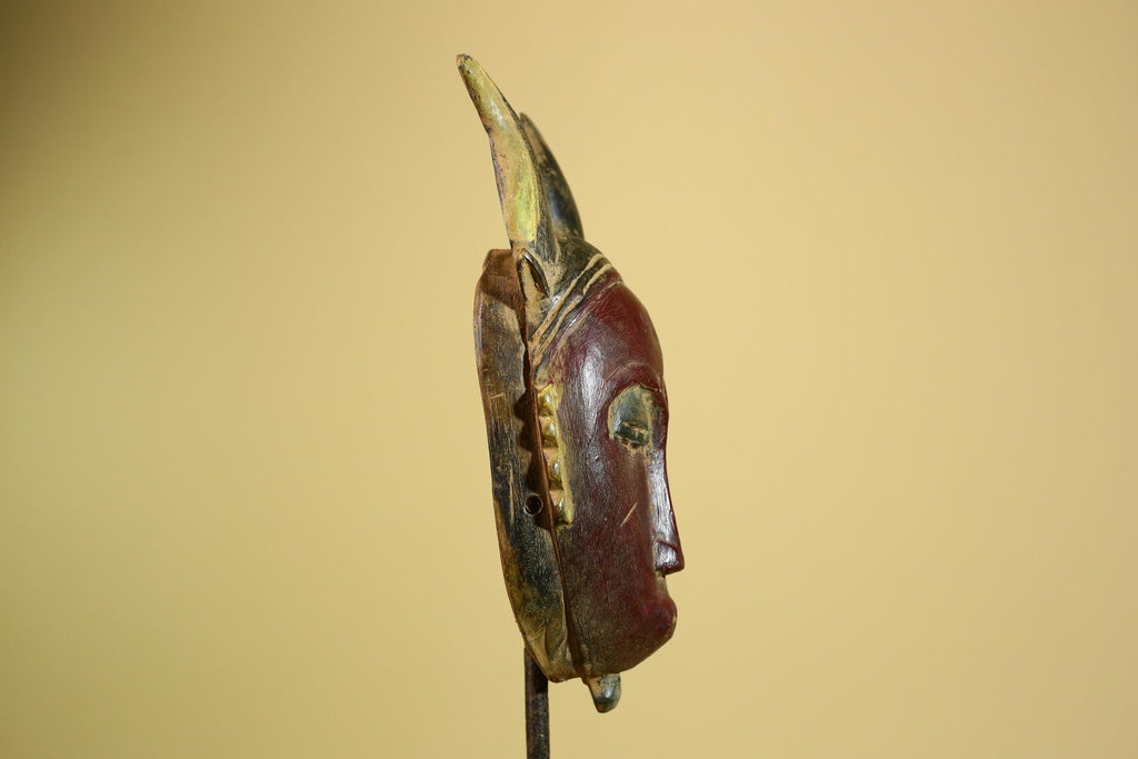 African Baule Mask Carved Wood Red Face Horns Côte d’Ivoire Tribal  Decor-G5976