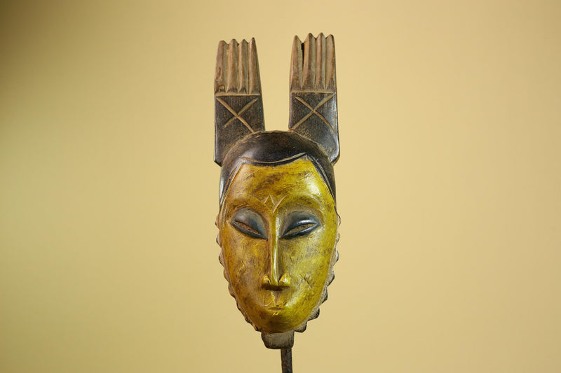 African Baule Mask Carved Wood Yellow Face Horns Côte d’Ivoire Tribal Decor-G5977