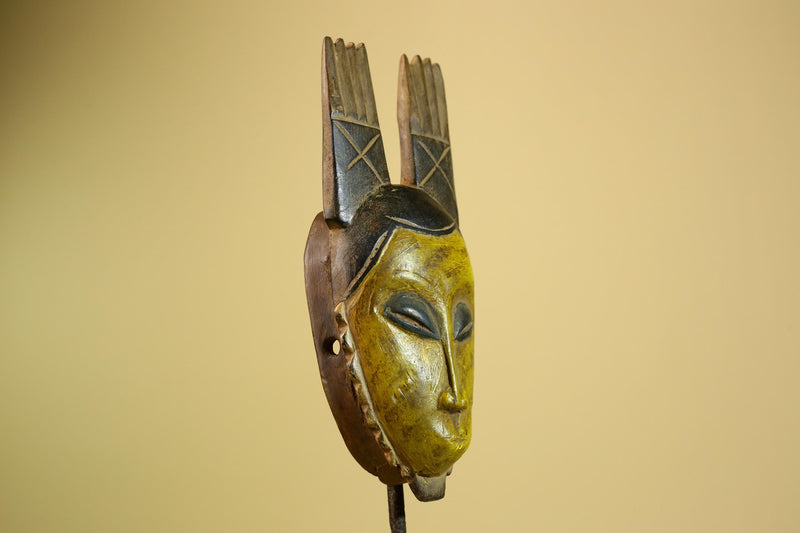 African Baule Mask Carved Wood Yellow Face Horns Côte d’Ivoire Tribal Decor-G5977