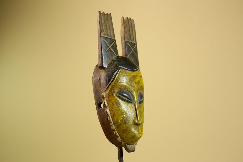 African Baule Mask Carved Wood Yellow Face Horns Côte d’Ivoire Tribal Decor-G5977