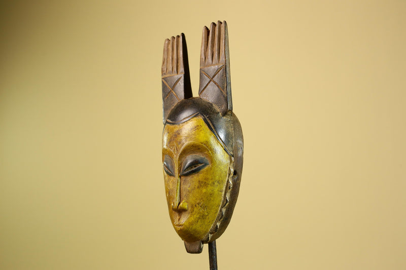 African Baule Mask Carved Wood Yellow Face Horns Côte d’Ivoire Tribal Decor-G5977